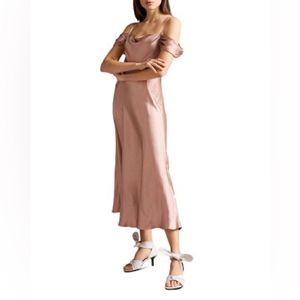 TED BAKER Dusty Pink Silk Dress “ESTA Cold Shoulder Front Midi Slip” US 6 UK 2
